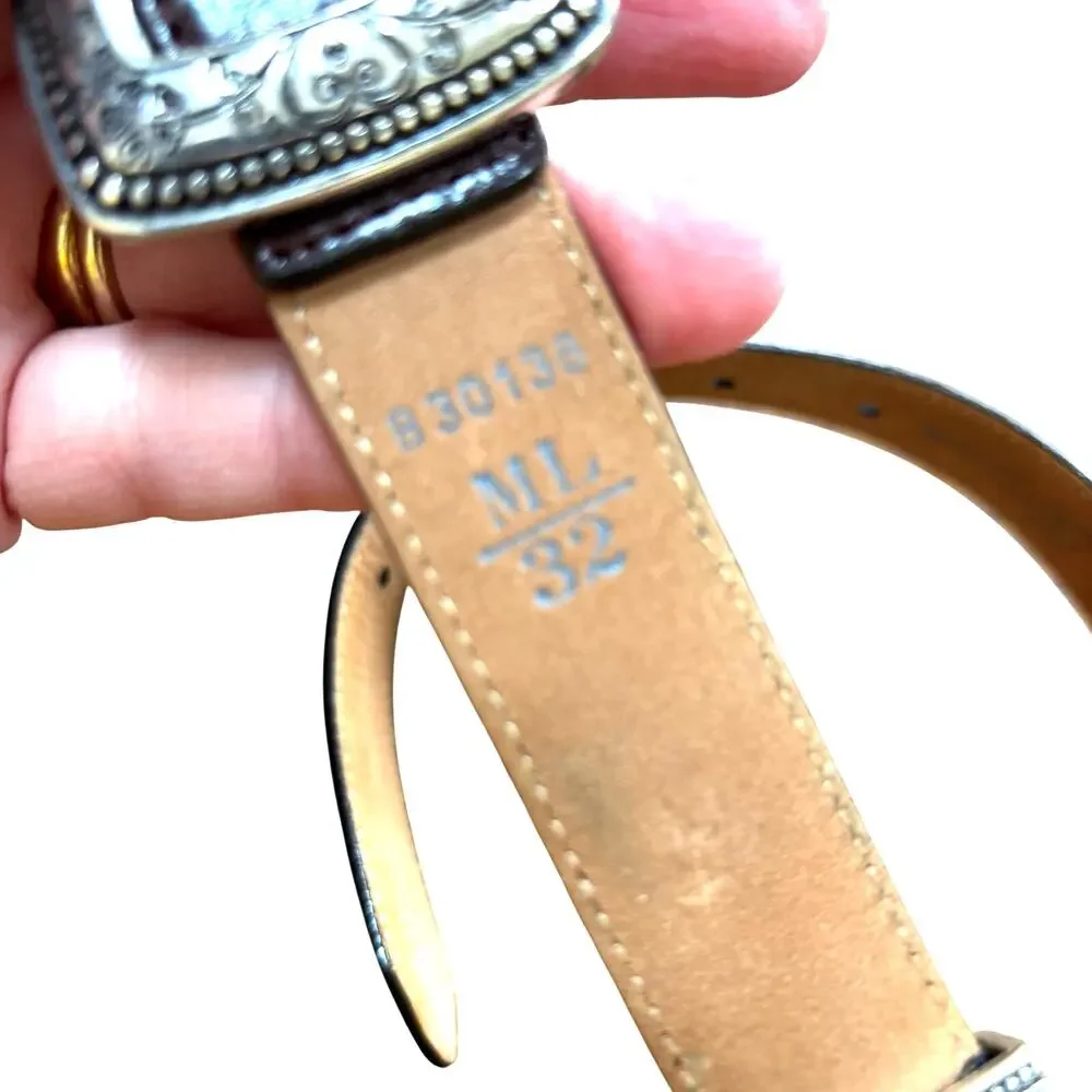 Vintage Brighton ladies dark brown braided leather belt M/L 32 silver hardware
